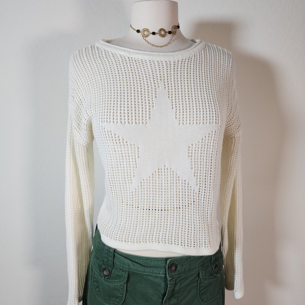 White Knit Sweater Star Pattern Long‎ Sleeve Cute Casual Top